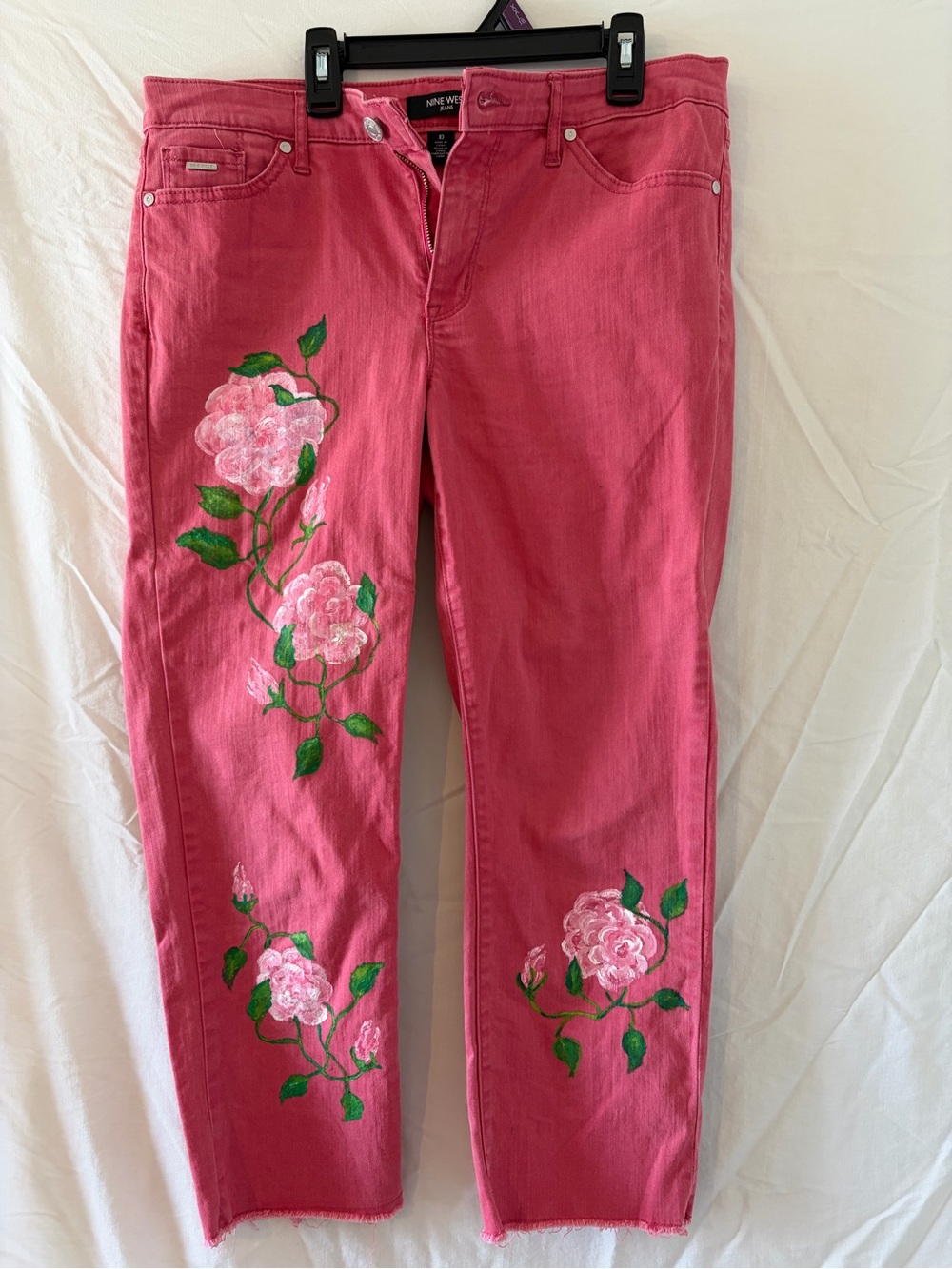 Nine West Rose-Pink Straight Leg Jeans with Floral Appliqué